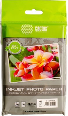 Фотобумага Cactus CS-GA618050ED, A6, 180г/м2, глянцевая, для струйной печати, 50л., белая