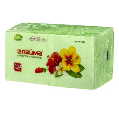 Салфетки бумажные, 250 шт., 24х24 см, ЛАЙМА, зеленые (пастель), 100% целлюлоза, 111952