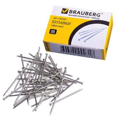 Булавки офисные BRAUBERG, 24 мм, 500 шт., в картонной коробке, 220562