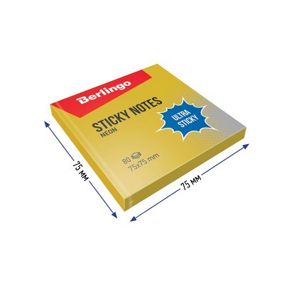 Самоклеящийся блок Berlingo "Ultra Sticky", 75*75мм, 80л, золотой неон, 323560, LSn_39208