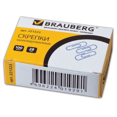 Скрепки BRAUBERG, 28 мм, никелированные, 100 шт., в картонной коробке, 221523